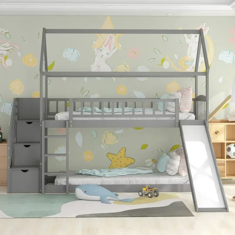 Bunk Bed With Stairs And Slide - เตียงสองชั้นสำหรับเด็ก ทำจากไม้เนื้อแข็ง ประกอบด้วยเตียงเดี่ยวสองชั้น พร้อมสไลเดอร์และบันได บันไดมีชั้นวางของ ช่วยประหยัดพื้นที่