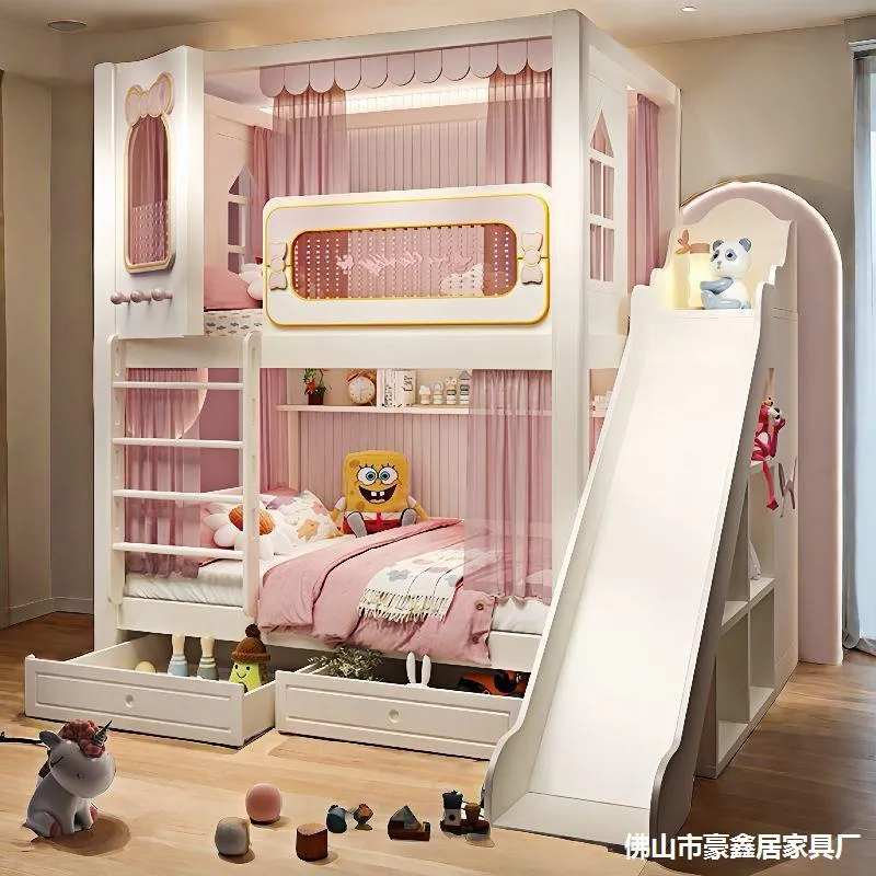 Bunk Bed With Stairs And Slide - เตียงสองชั้นสำหรับเด็กผู้หญิงแบบเจ้าหญิง พร้อมราวกันตกสองชั้น (ชั้นบนและชั้นล่าง)