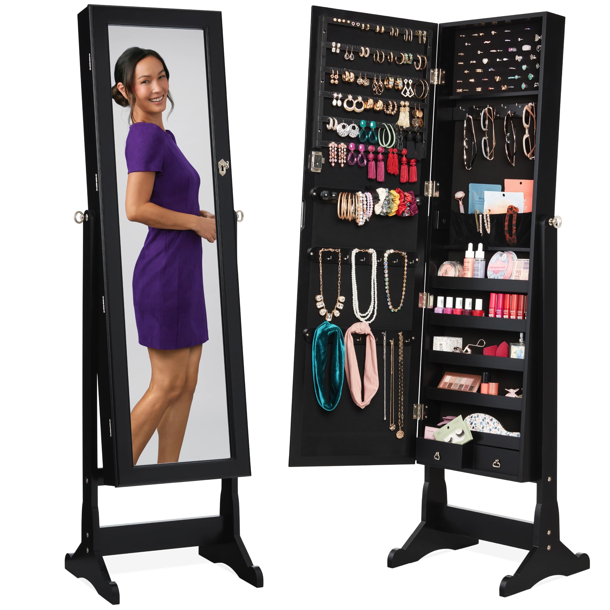 Full Length Mirror Jewelry Armoire - ตู้เก็บเครื่องประดับแบบตั้งพื้น, กระจกตั้งพื้นแบบเต็มตัว, ตู้เก็บเครื่องสำอางแบบมีกุญแจล็อค, บุด้วยผ้ากำมะหยี่