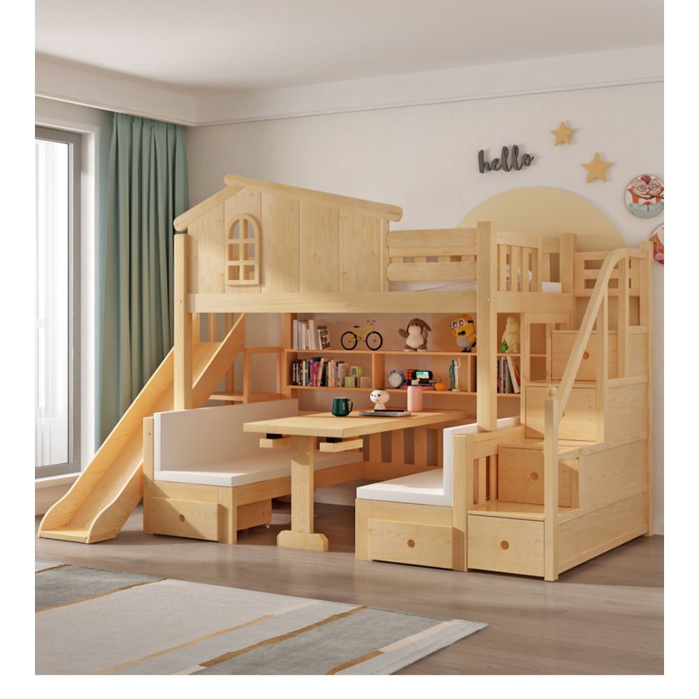 Bunk Bed With Stairs And Slide - เตียงสองชั้นพร้อมโต๊ะทำงาน เตียงลอฟท์อเนกประสงค์พร้อมโต๊ะเรียน ประหยัดพื้นที่ เตียงคู่แบบสองชั้น โครงเตียงสำหรับเด็ก เฟอร์นิเจอร์ห้องนอนเด็กแบบชุด