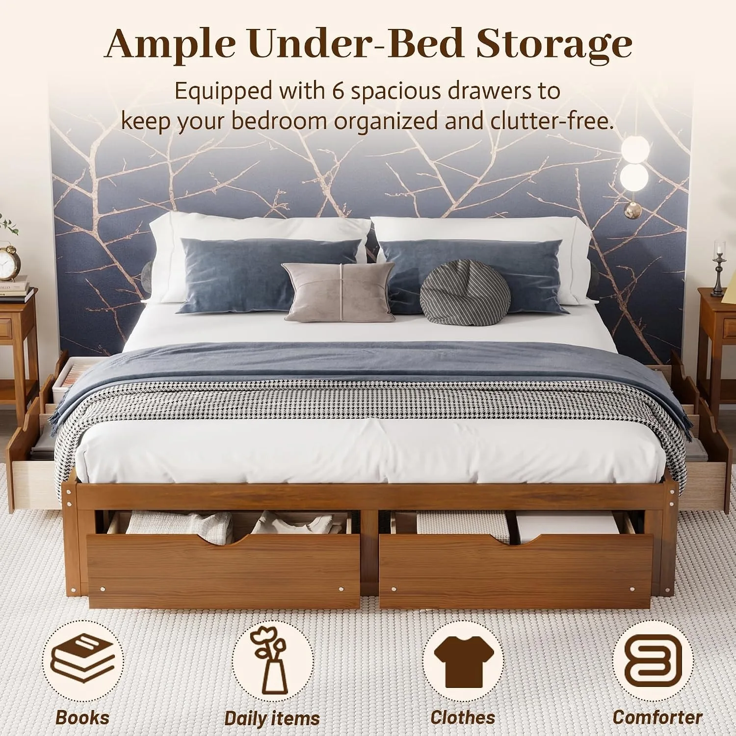โครงเตียงไม้สนสไตล์มินิมอล พร้ - King Size Bed Frame With Storage Drawers บทวิจารณ์และราคา